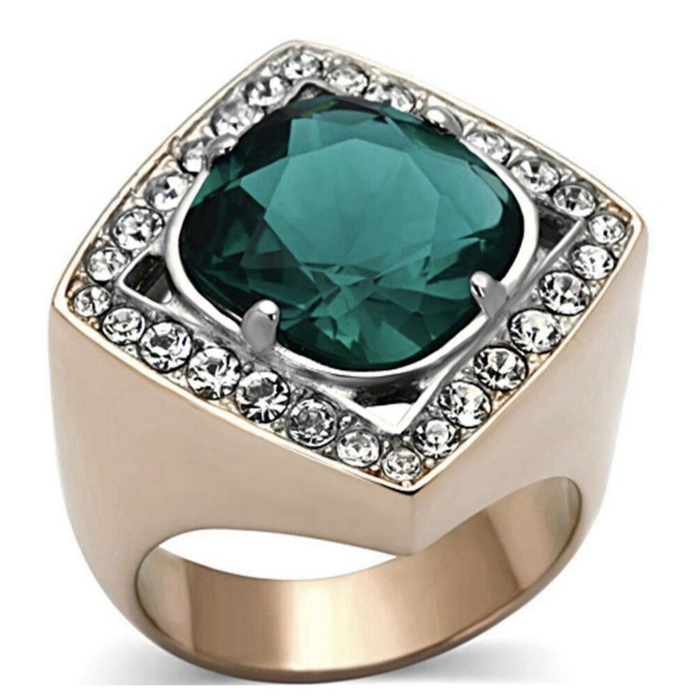 Modern Art Deco Cushion-Cut Halo Ring Blue Green Rose Gold Stainless Steel SZ 8